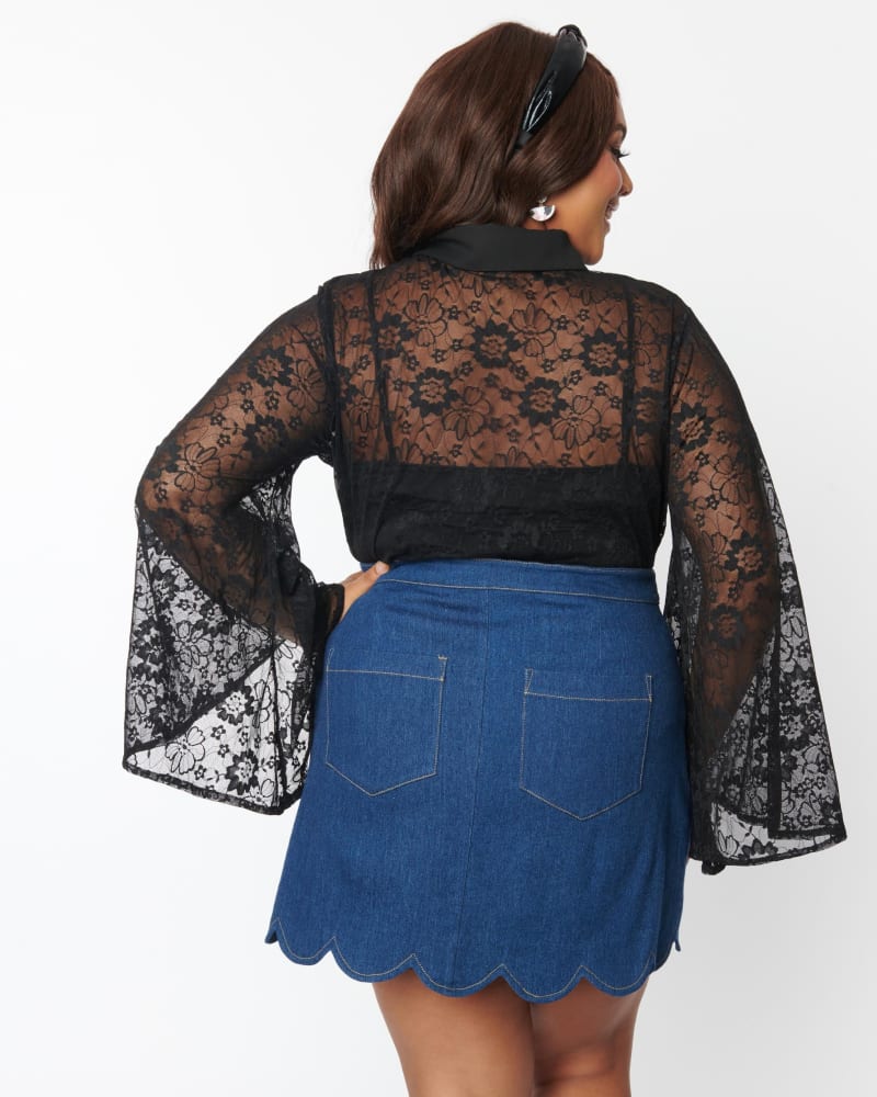 Smak Parlour Plus Size Black Floral Lace Bell Sleeve Blouse | Black Fl